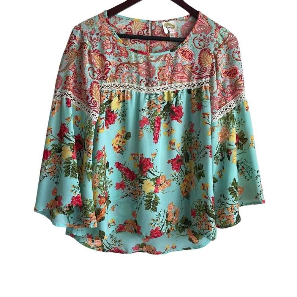 Fig & Flower Boho Cottage Floral Blouse S Turquoise Paisley Peasant Festival Top